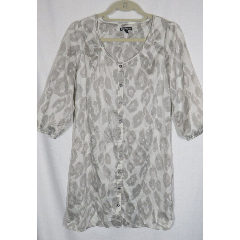 Express Gray Leopard Print Textured Button Up Dre… - image 2